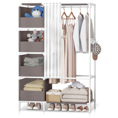 Portable Heavy-Duty Wardrobe, Semi-Open Freestanding Closet with 4 Storage Drawers and Curtain,Gray