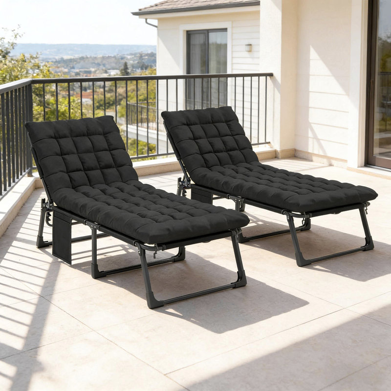 Chaise longue de jardin, chaise longue pliante, Noir, 2