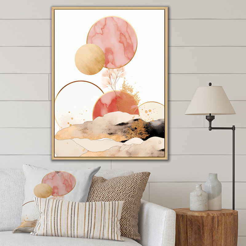 «Serene Boho Chic Landscape In Pastel & Gold», salon d'art mural géométrique moderne, 20" H x 12" W, Gold Picture Framed