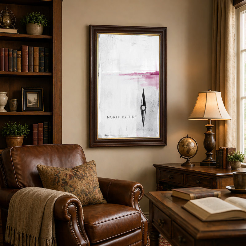 Art mural en forme de boussole noire avec ligne d'horizon rose sur toile blanche, 24"H x 16"W