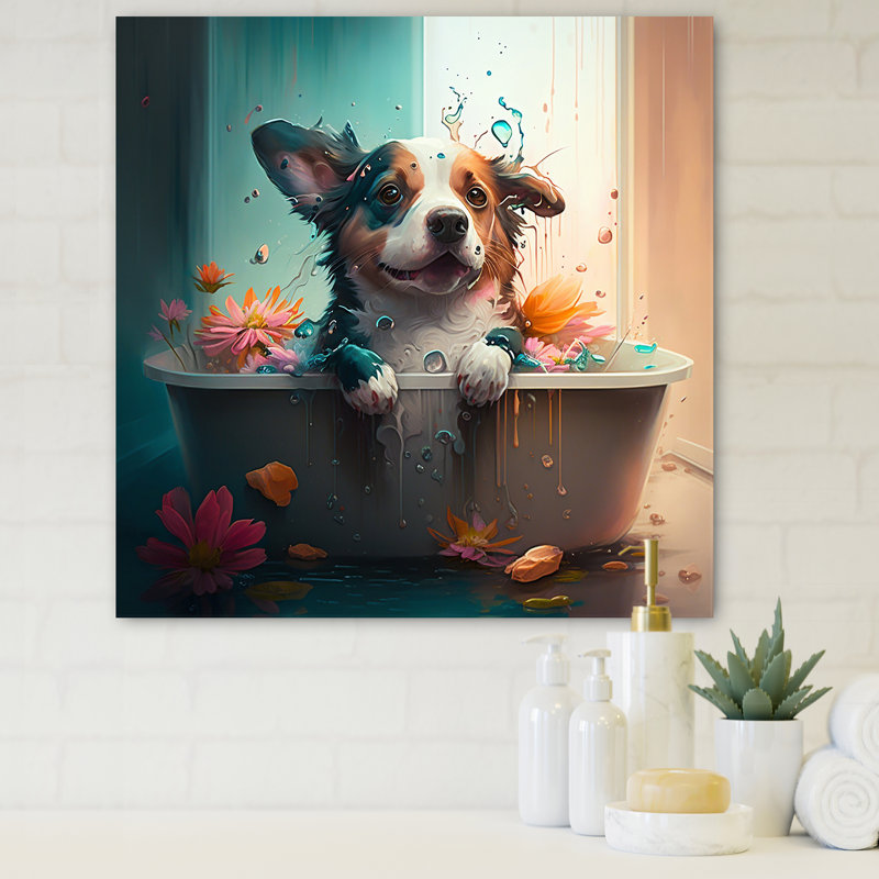 Drôle de chien dans le bain avec des fleurs en fleurs III - impression sur toile tendue