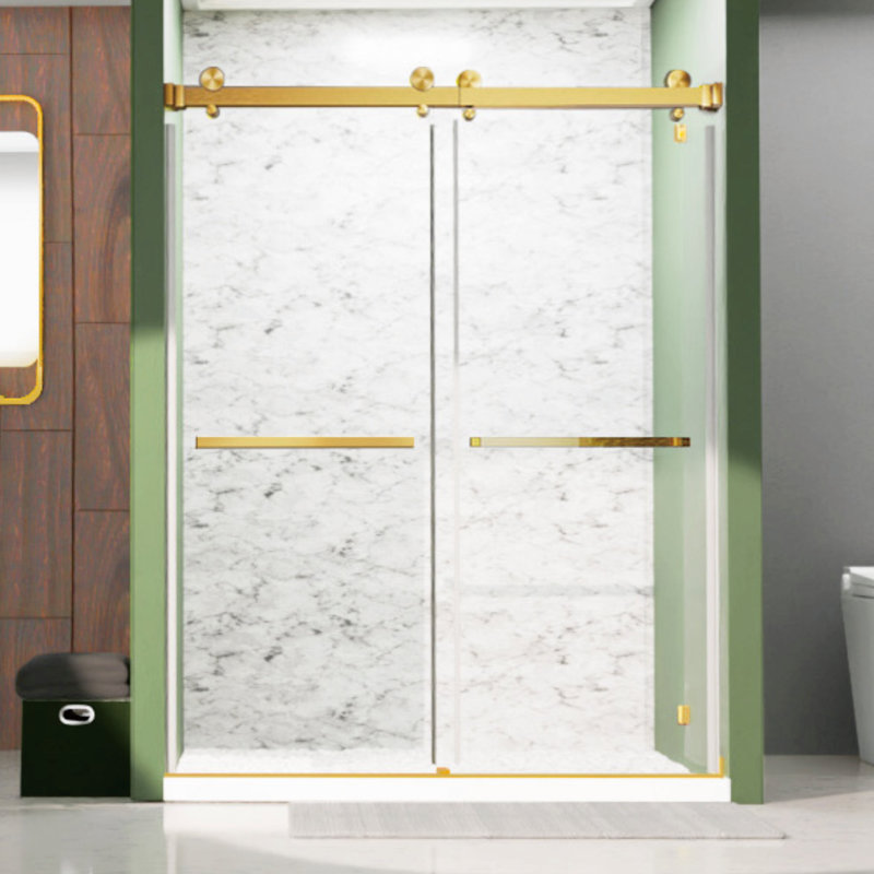 Royal 56 to 60 in. x 72 in. H Frameless  Double Sliding Shower Door with Two Towel Bars in Satin Brass and 3/8 in. (10mm) Clear Glass