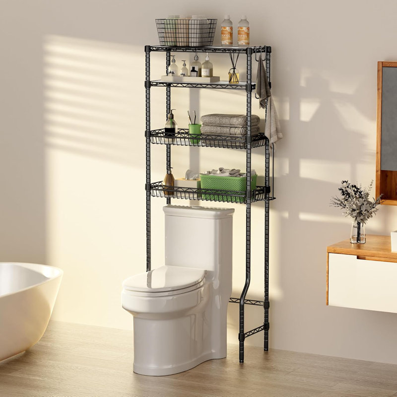 Over The Toilet Storage Organizer With Adjustable Shelves And Hooks, 4-Tier Metal Bathroom Shelf For Space Saving, Freestanding Design, High Weight Capacity, Easy Assembly