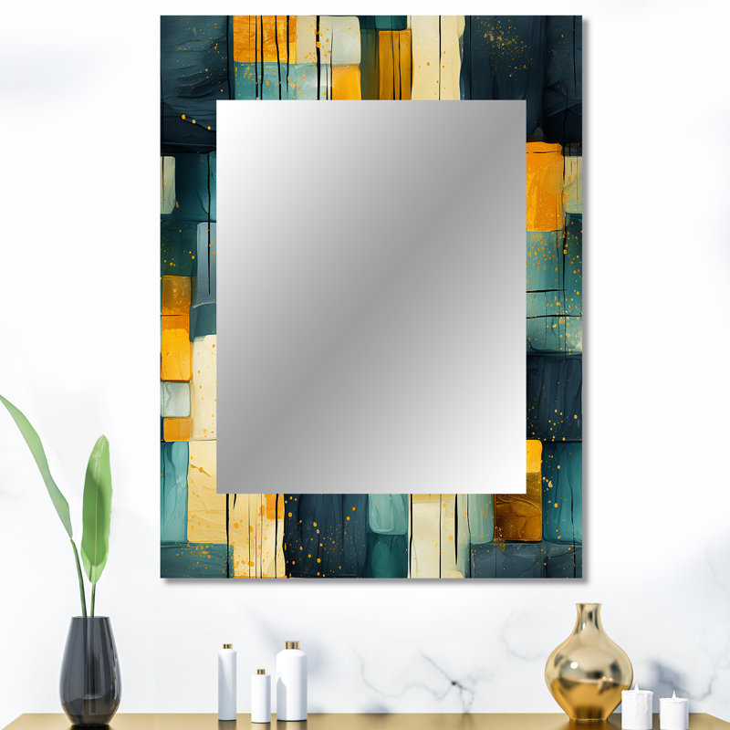 Jaune et bleu sarcelle abstrait géométrique Fusion - grand miroir géométrique, décor de miroir mural unique moderne, impression sur métal