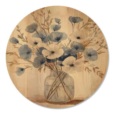 Minimalist Nordic Flowers in Vase I - Floral Round Wood Wall Art