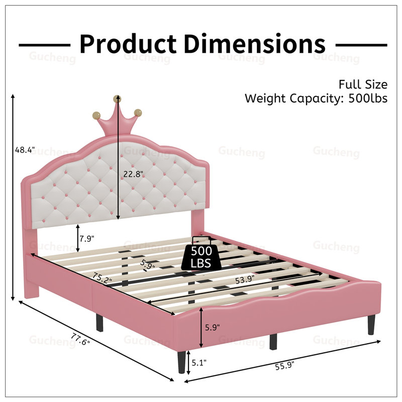 Lit Princess capitonné en PU avec tête de lit en forme de couronne, structure robuste et revêtement doux pour un sommeil élégant et confortable