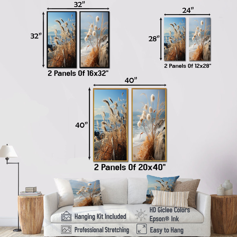 Beachgrass, photographie, horizon, fleurs sauvages, ensemble d'art mural sur toile, Encadrement doré, H 40 po x l 41 po
