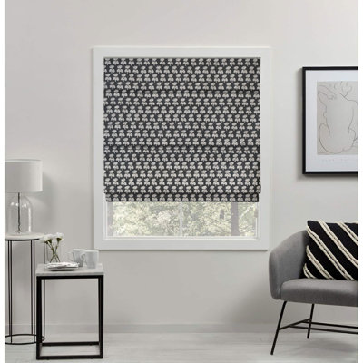 100% Blackout Stripted Block Print Thick Linen Roman Shade for Window Treatments, Blinds Corded Cozy Soft Fabric for Elegant Room Darkening, Damru
