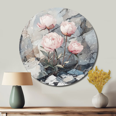Pivoines dans le Rocky Pass II - art mural traditionnel rose en métal, impression de pivoines sur un cercle en métal