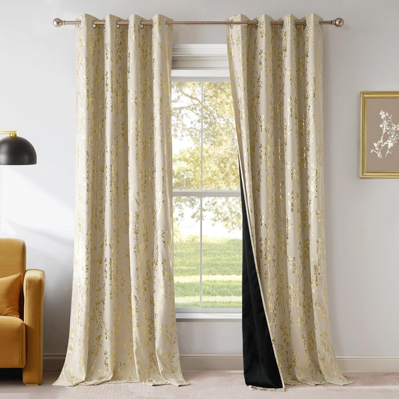 100% Blackout Curtains, Grommet Pattern Gold Foil Printed Window Treatments Room Darkening Drapes for Bedroom, 2 Panels