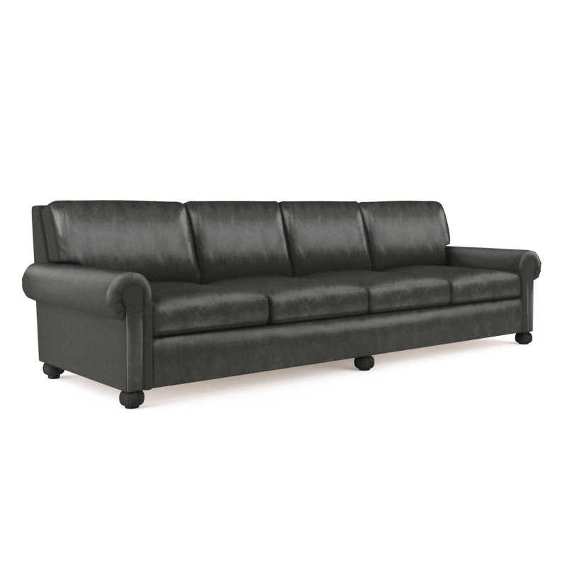 Canapé extra long à panneau roulé avec pieds en oignon Leroy, H 36 po x l 120 po x P 43 po, Velours moelleux huître, Ébène
