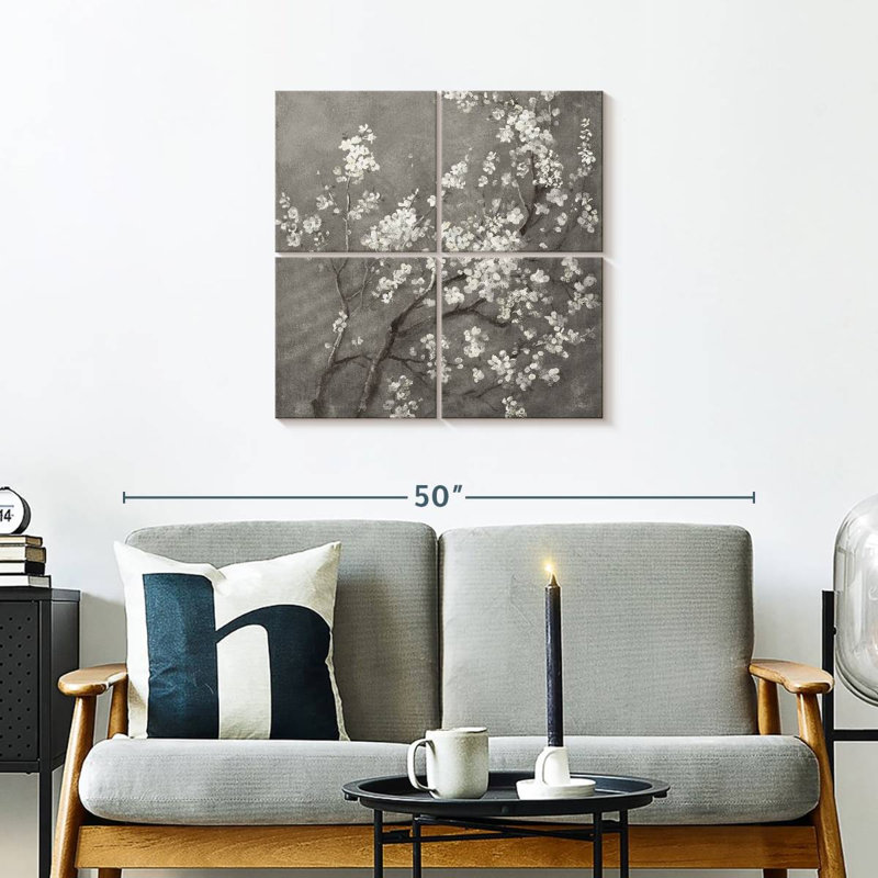Fleurs de cerisier blanches Harnek I sur fond gris, H 26 po x l 26 po