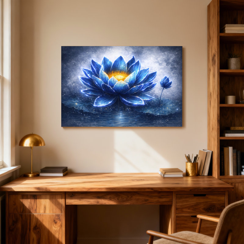 Plantes et fleurs de lotus bleu avec centre doré, H 32 po x l 48 po