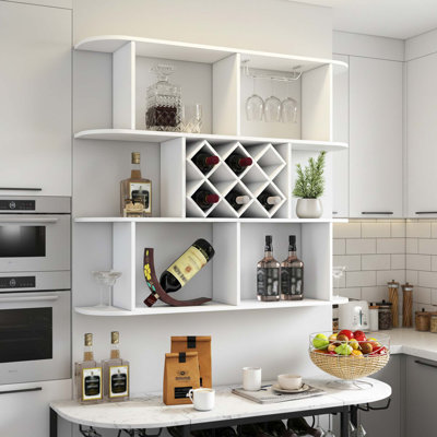 Grand support à vin mural rustique à 3 niveaux avec porte-verre pour le rangement de la maison, du bar ou de la salle à manger blanc