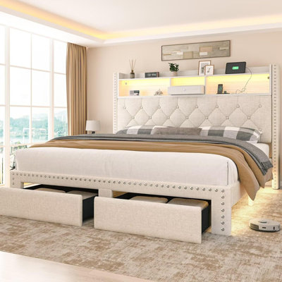 Structure de lit double avec tête de lit à 2 niveaux et station de charge, cadres de lit plateforme tapissiers avec 2 tiroirs de rangement, support à lattes en bois, aucun sommier nécessaire, beige