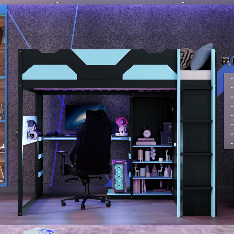 Lit mezzanine en bois pleine grandeur bleu nuage avec lumières, charge, multi-rangement et support pour une chambre organisée efficace