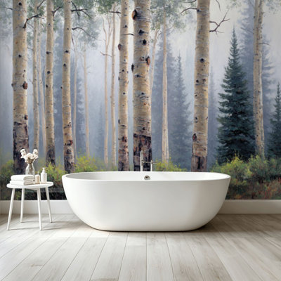 Peel and Stick Wallpaper Wall Mural Birch tree forest morning fog Wall Art Self Adhesive and Removable