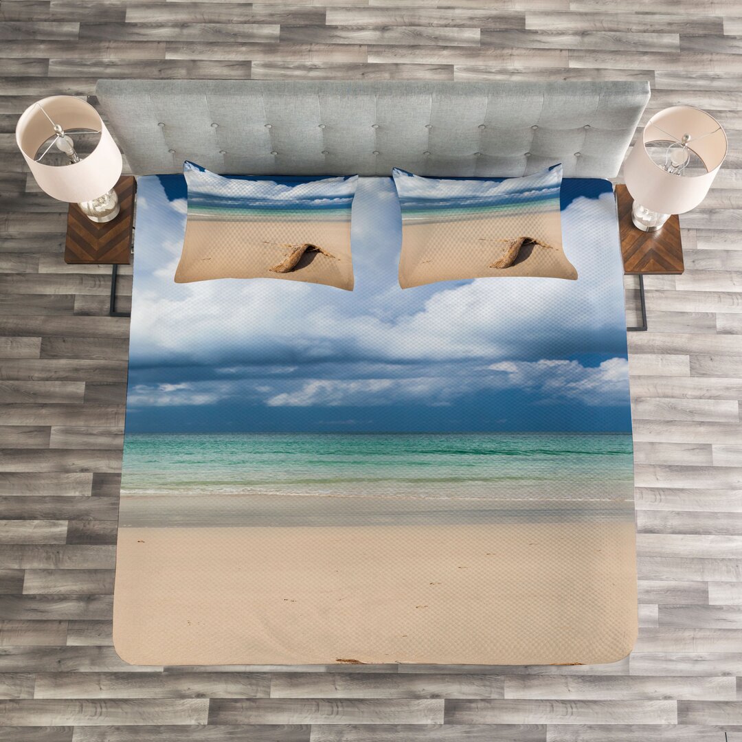 Gestepptes Bettdecken-Set, Sandy Beach und Wolken, Digital, Sand Braun Blau