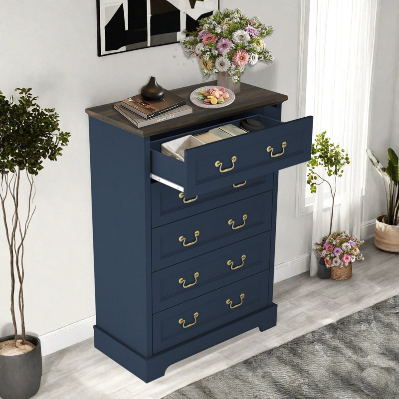 Farmhouse Chest Of Dresser With 5 Drawes 31.1''W For Bedroom, Blue/Brown