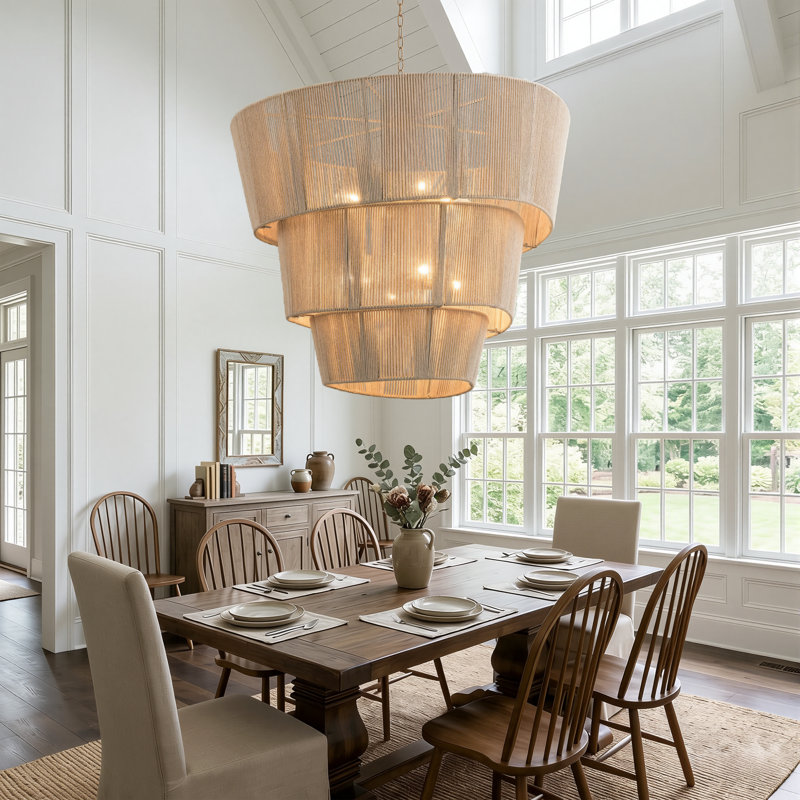 8 - Light 30"W Beige Modern 3 Tiered Drum Chandelier with Hand-Woven Rattan Shade for Dining Room or Living Room, Beige