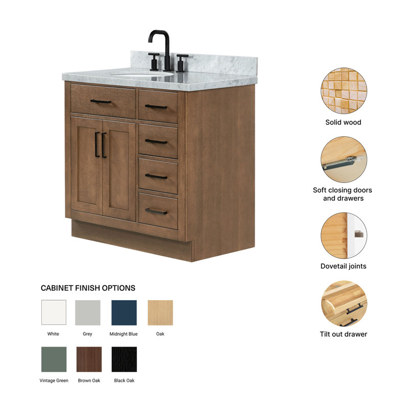 ARIEL HEPBURN 37 IN RIGHT OFFSET RECTANGULAR SINK VANITY 1,5 IN, Oval, Left, Brown Oak/Matte Black