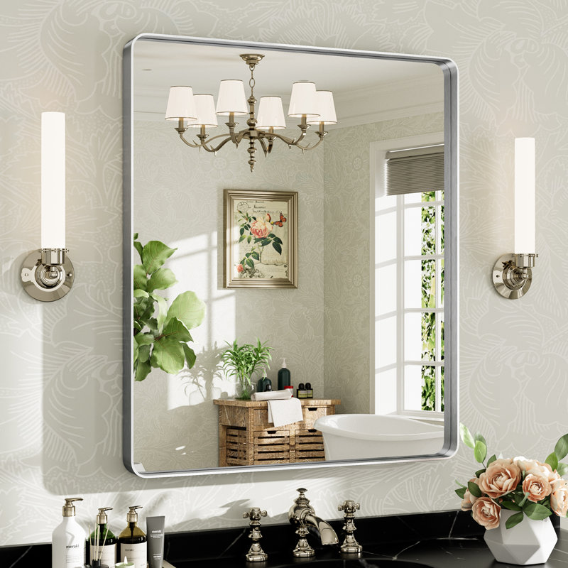 Miroir de salle de bain mural Llesenia, 36 po x 30 po, Argent argent, Rectangulaire