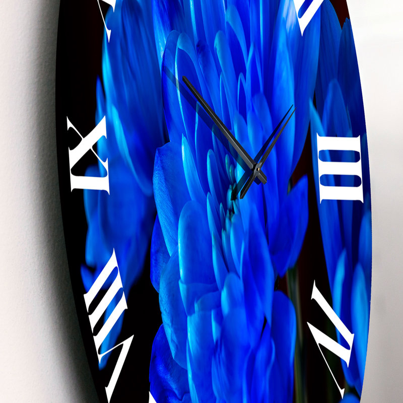 Blue Chrysanthemum Flowers On Black II Metal Wall Clock, 23" H x 23" W x 1" D