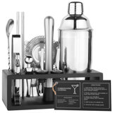 Bartender Kit With Stand - 15 Piece Bar Tool Set, Silver Bar Set Cocktail Shaker Set For Drink Mixing - Includes Martini Shaker, Jigger, Strainer, Bar Mixer Spoon, Tongs, Opener | Gift Idea