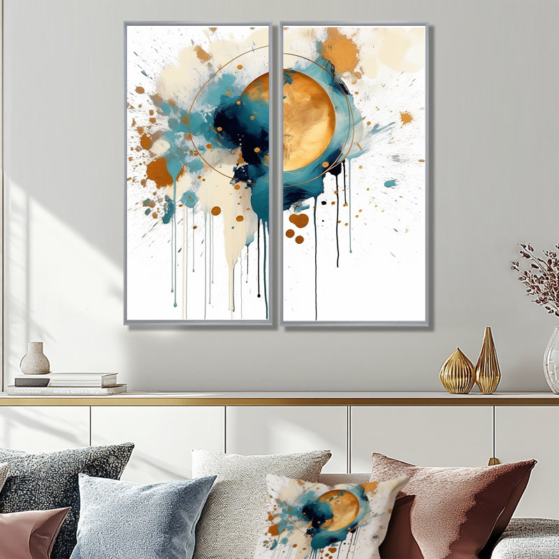 Teal Adn Gold Elegance I - Art mural bleu sarcelle 2 panneaux, H 32 po x l 32 po, Impression encadrée flottante