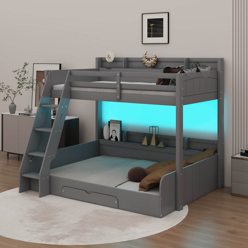 Twin Over Full Bunk Bed With Charging Station And Drawer, Gray