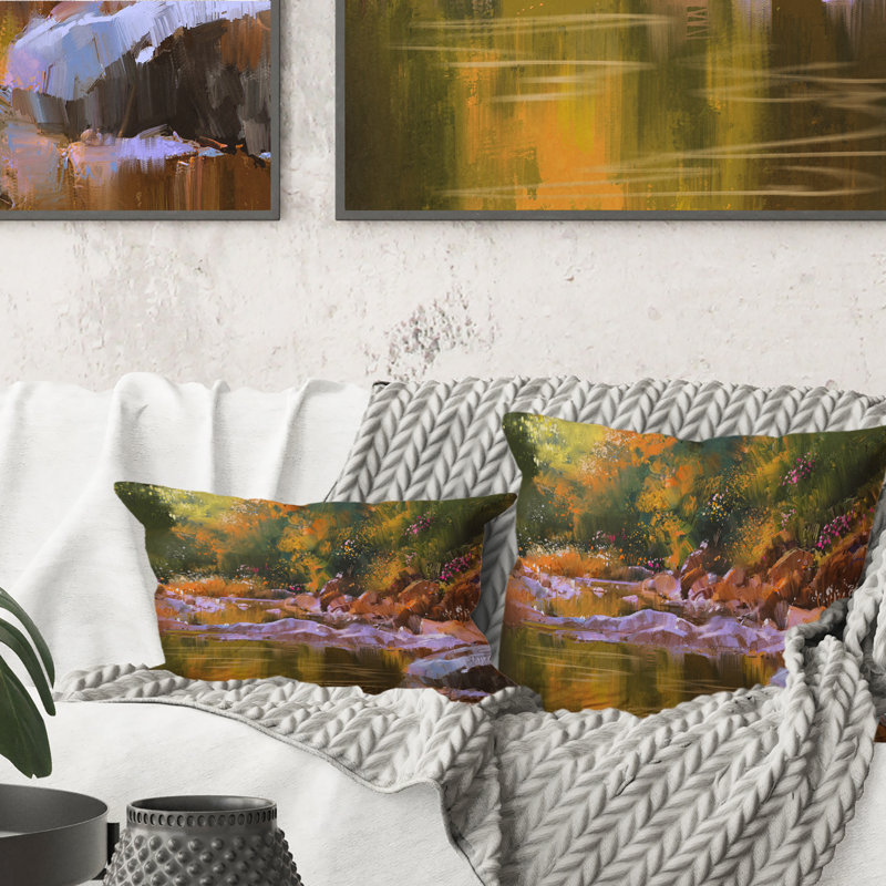River Lines With Stones In Beautiful Forest - Coussin décoratif à imprimé traditionnel, 16 po x 16 po