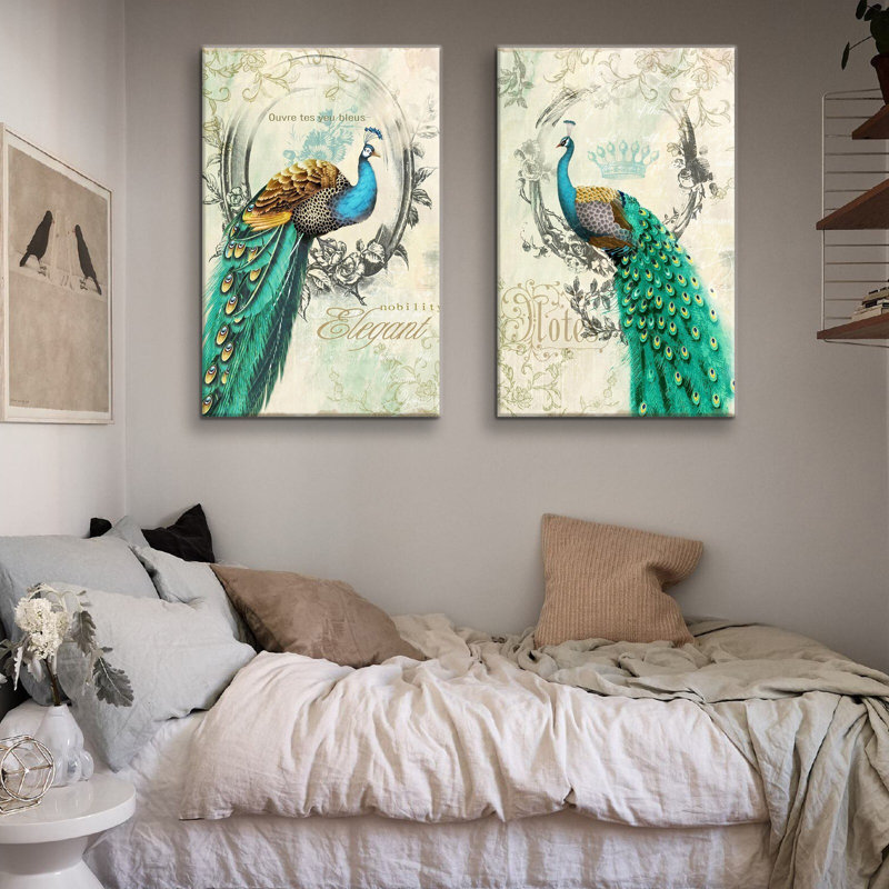 2 panneaux vert paon vert, peinture sur toile élégante, H 24 po x l 36 po