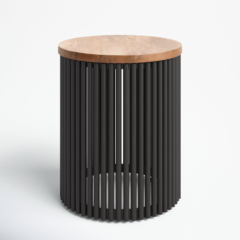 Natural Wood and Black Metal Round Accent Table