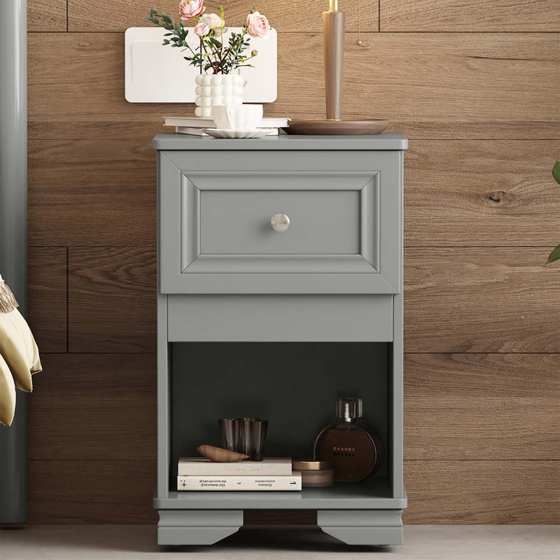 Table de chevet de style rétro avec design classique et poignée en métal, Gris
