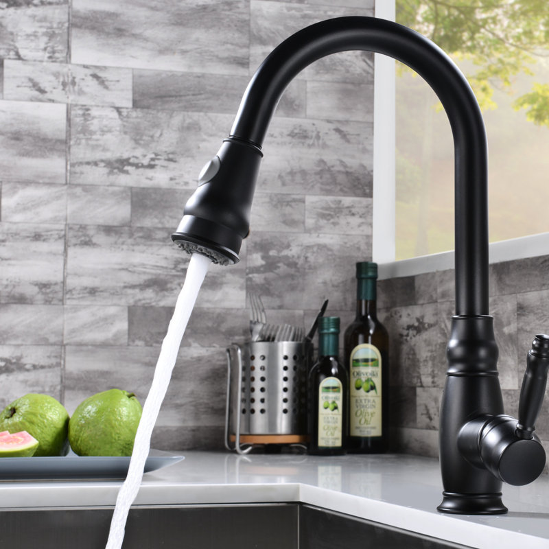 Brass Kitchen Sink Faucets - Commercial Modern With Pull Out , Stream And Spray Functions For Convenience Black Faucet Design, Single Handle Easy Cleaning Functional Use