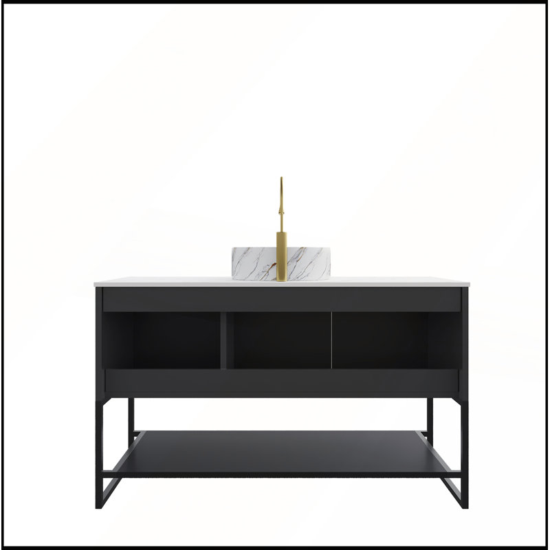 Meuble-lavabo autoportant de 48 po avec lavabo, meuble de rangement autoportant, lavabo en céramique blanc brillant, plateau en pierre frittée et tablette ouverte, noir