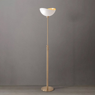 Modern Torchiere Lamp with Half-Dome White/Gold Steel Shade, Weathered Brass Steel Body & Base, 72" Tall, Floor Foot Dimmer, Dimmable