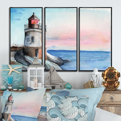 " A Lighthouse On A Rock Shore In Early Morning " 3 - Pieces Painting Print