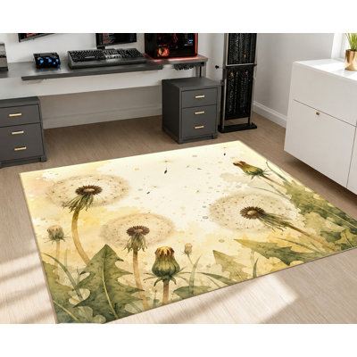 Tapis lavable en machine à motif de pissenlit aquarelle avec envers antidérapant, motif botanique naturel, décoration intérieure confortable pour salon, chambre, entrée, cuisine, appartement