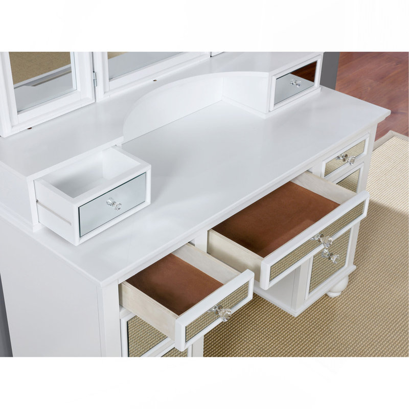 White Finish 1Pc Vanity Set W/ Stool 3-Sidded Mirror Storage Drawers Transitional Bedroom Furniture, White/Silver