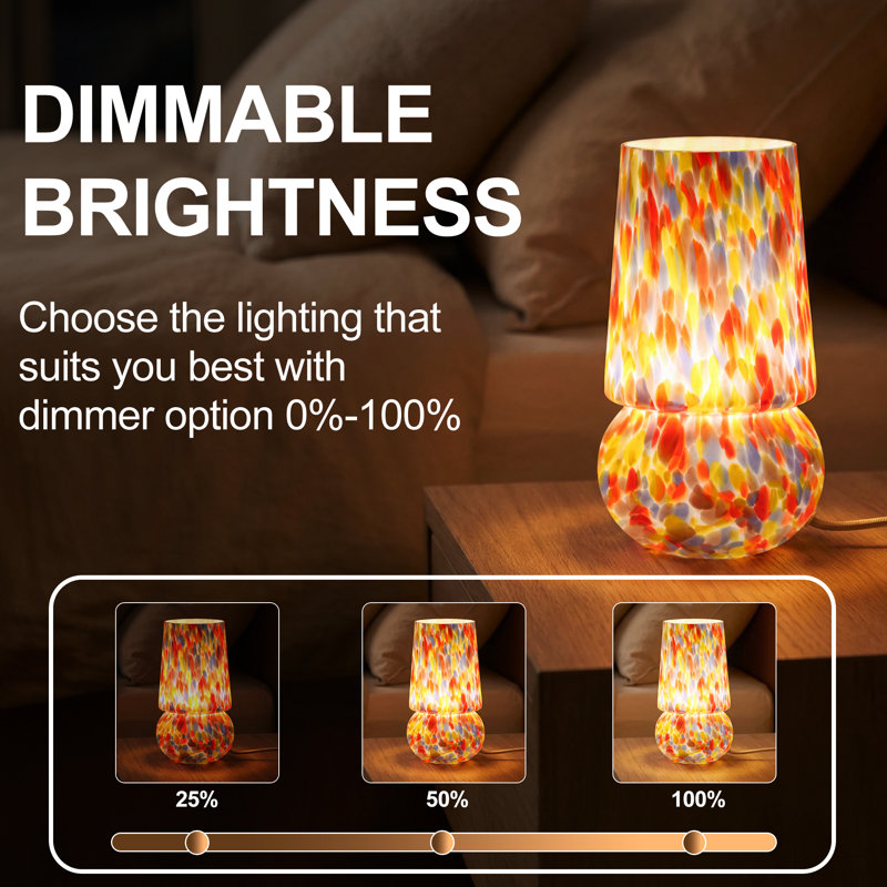 9.8'' Handcrafted Ambient Glass Mushroom Table Lamp with Dimmable Switch and E12 Lamp Holder, cULus Certified for Bedroom Nightstands, Living Room Side Tables, Home Offices Desks or Contemporary Decor
