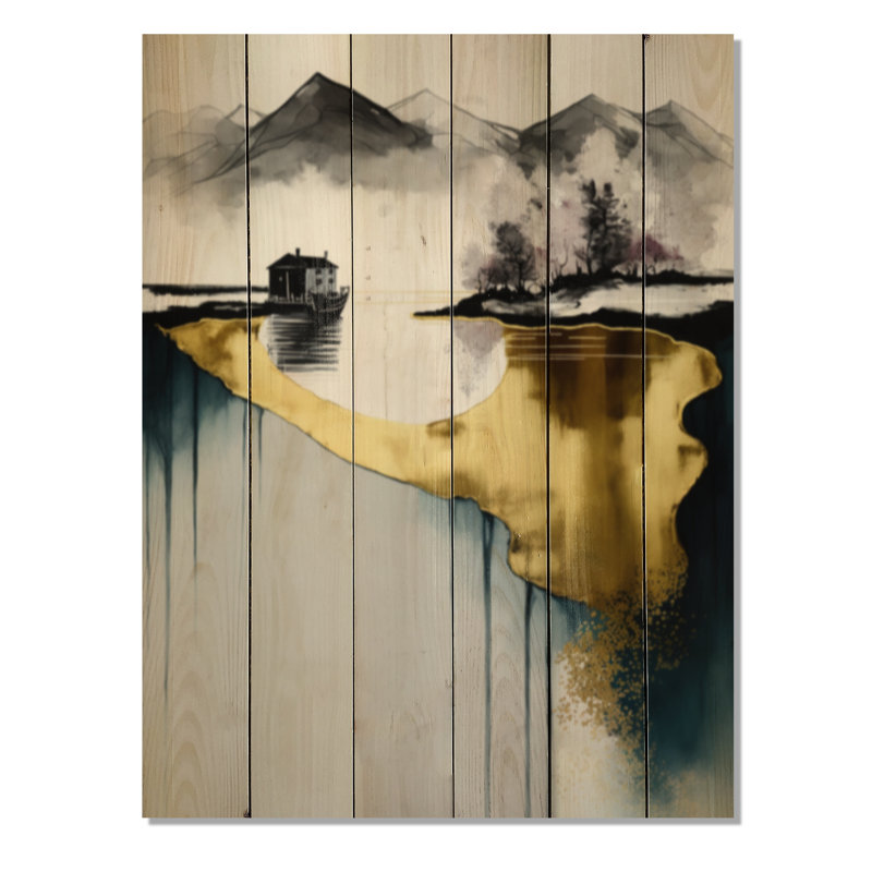 Elois doré et bleu Lakehouse II sur bois, H 32 po x l 24 po x P 0,78 po