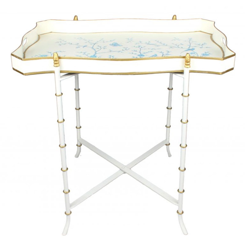 Hand-Painted White and Blue Iron Tray Top End Table