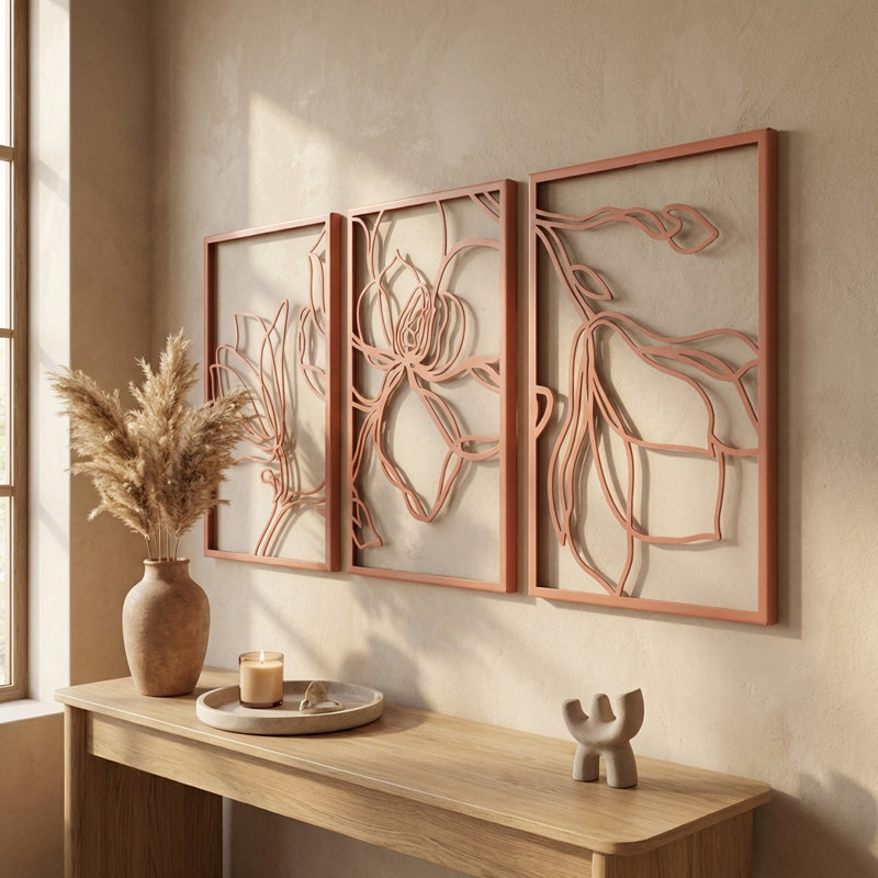 Metal Floral Wall Decor Set - 3 Piece Wall Art, Red, 18" H x 36" W x 1" D