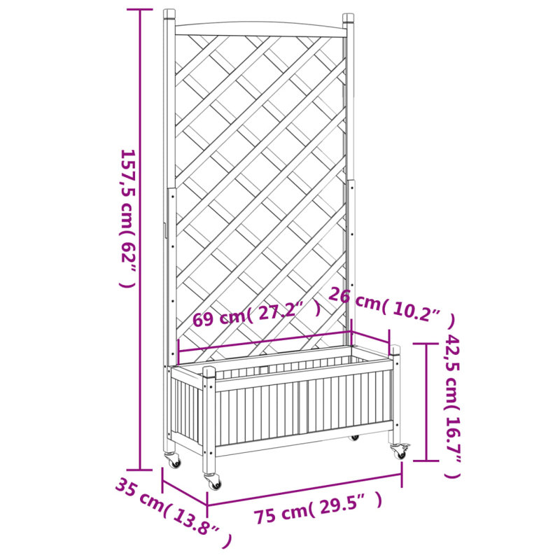 Brown Solid Fir Wood Planter with Trellis and Wheels