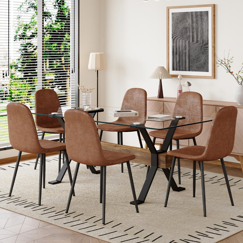 71'' Clear Glass Top Dining Table with Brown Faux Leather Chairs
