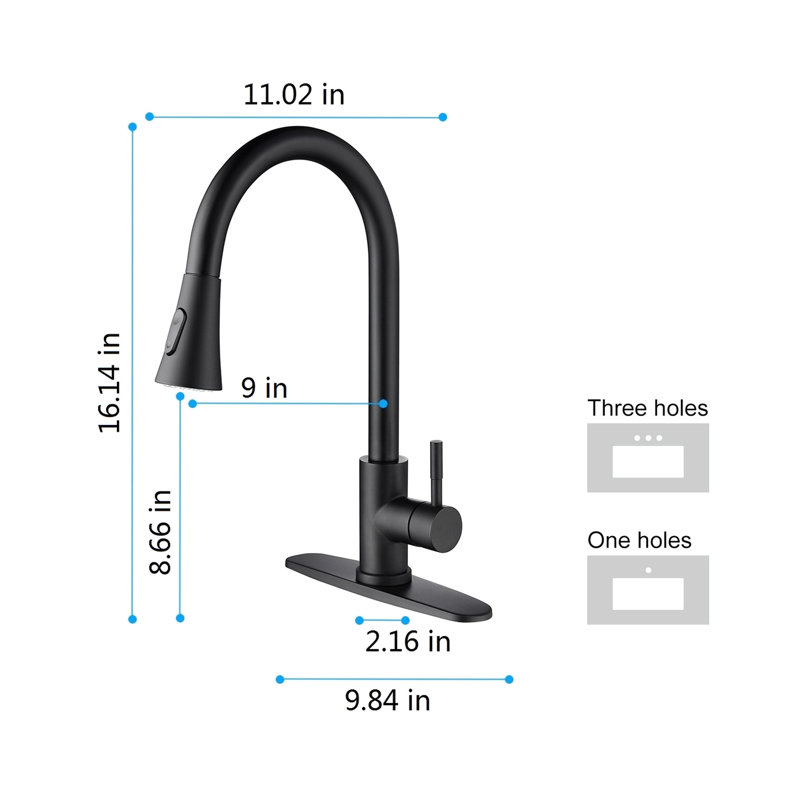 Robinet de cuisine, robinet rétractable, levier simple, buse haute, saleté, robinet en acier inoxydable noir mat avec bec rotatif à 360 ° pour une meilleure commodité de l'eau, un réglage de la température et du débit du levier,