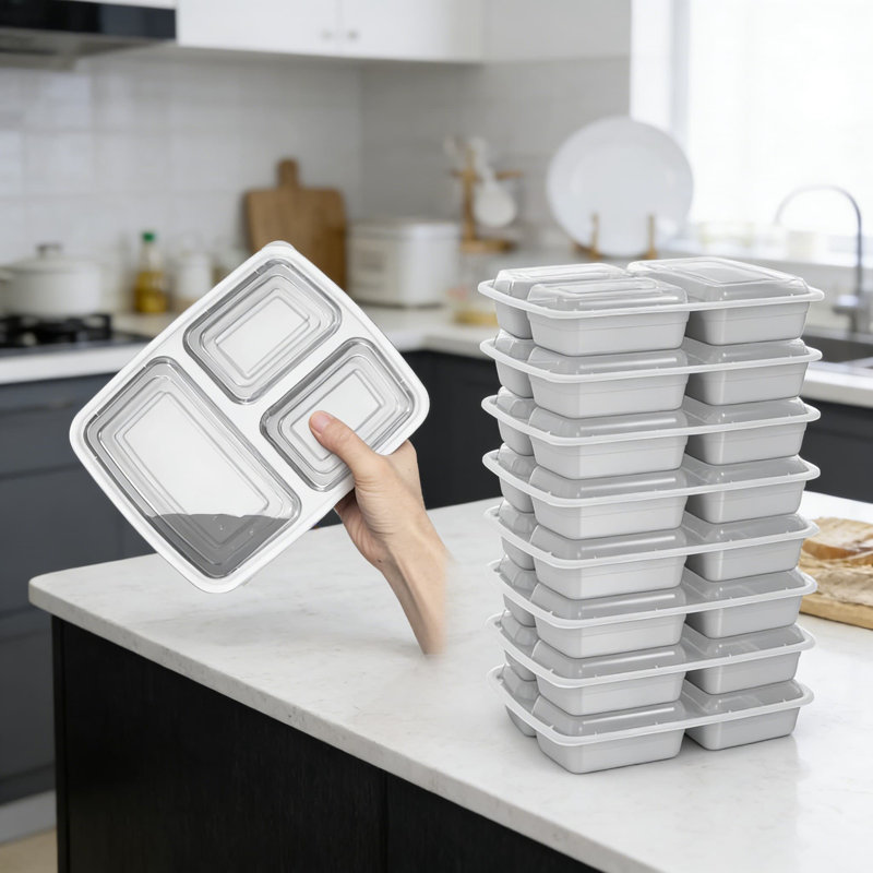 50 Pack (100-Piece) 3-Compartment Meal Prep Containers With Lids, 32 Oz Reusable Plastic Food Storage Containers, Leakproof, Microwave, Freezer, And Dishwasher Safe