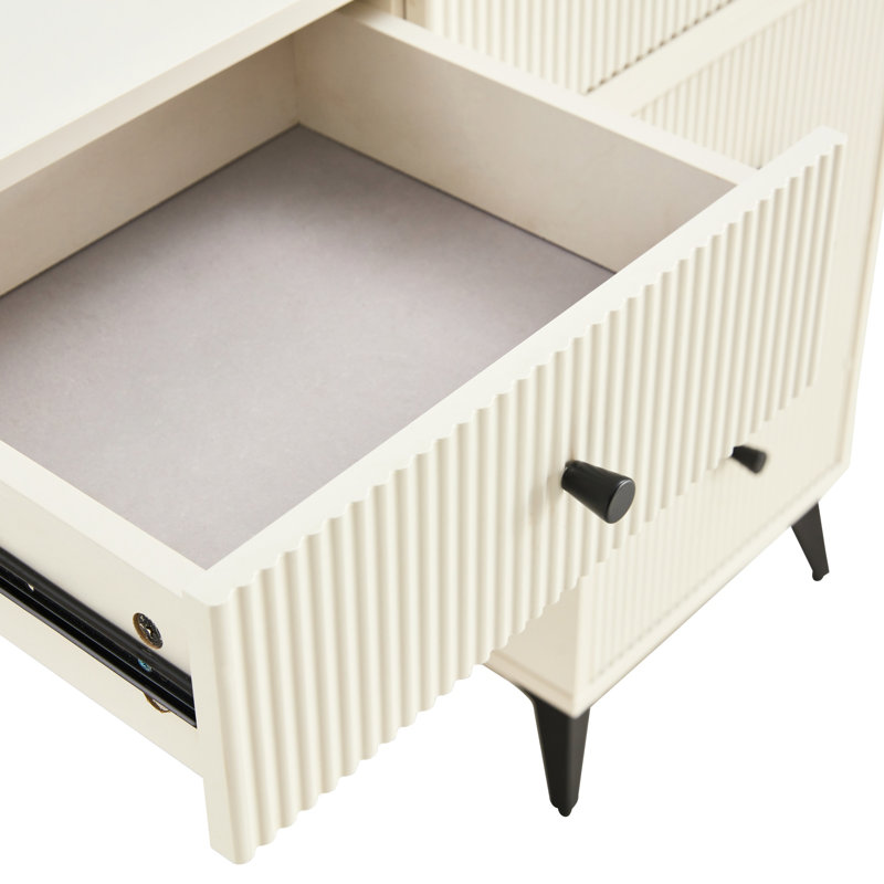 Fluted Makeup Vanity Desk With Round LED  Mirror And Lights, Modern Glass Top Big Vanity Table With 4 Drawers & Adjustable Shelves, Dressing Table Set  With Stools Table With Movable Side Table
