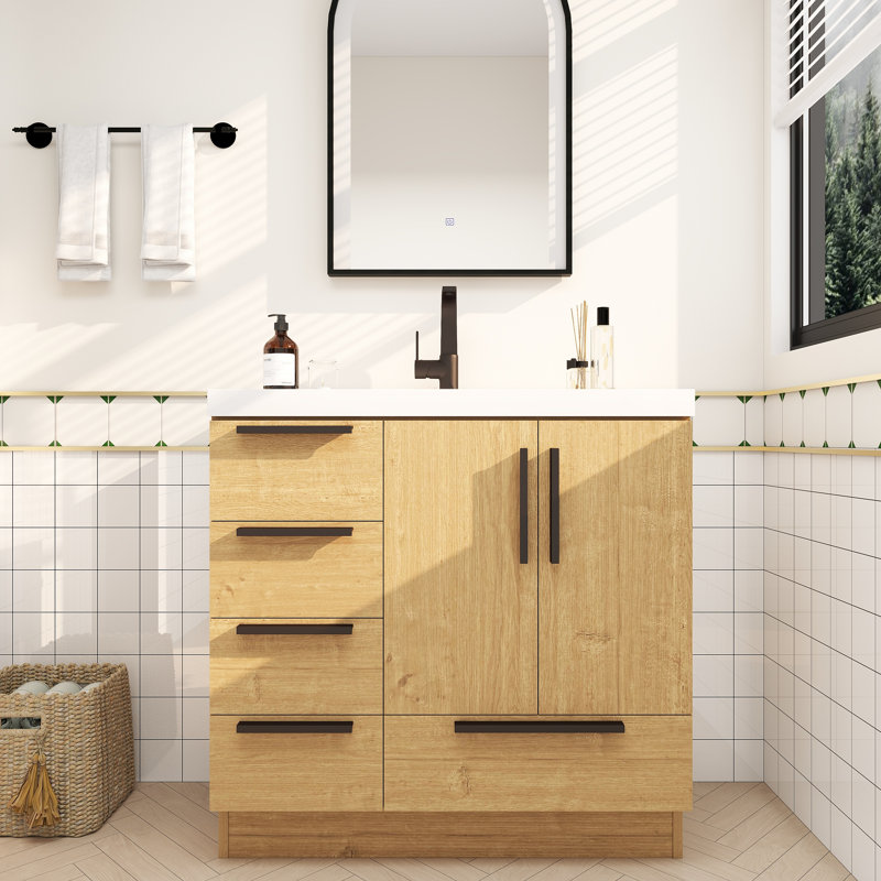Meuble-lavabo autoportant avec tiroirs latéraux Carla, Chêne naturel, 35"